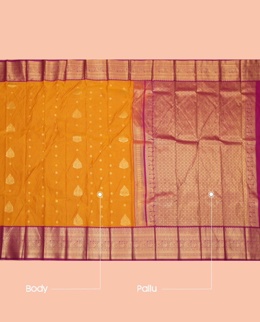 Orange Budget Silk Saree, Enhanced with Zari Buttas, a Contrast Traditional Zari Border, an Intricate Pallu and a Contrast Blouse