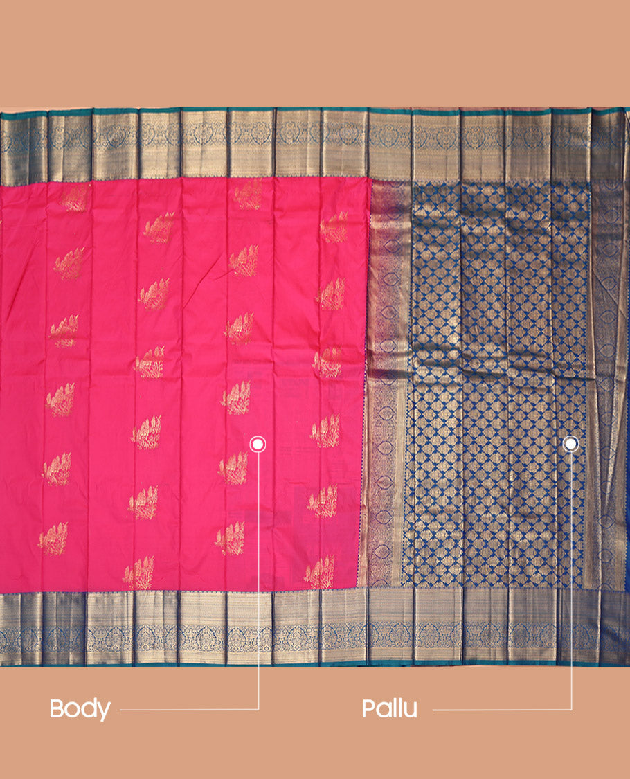 Pink Budget Silk Saree, Bedecked with Zari Buttas, Contrast Traditional Zari Border, Grand Pallu, and a Contrast Blouse