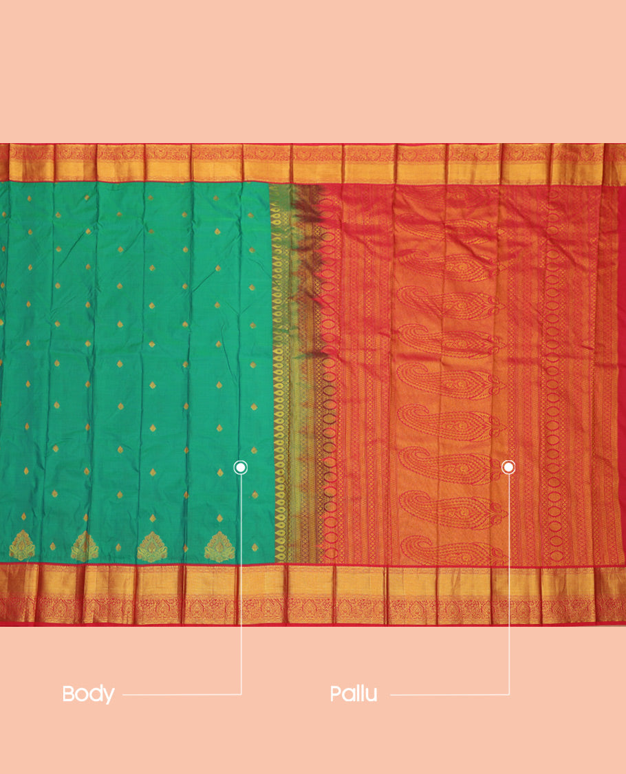 Green Budget Silk Saree, Woven with Zari Buttas, a Contrast Traditional Zari Border, Grand Pallu, and a Contrast Blouse