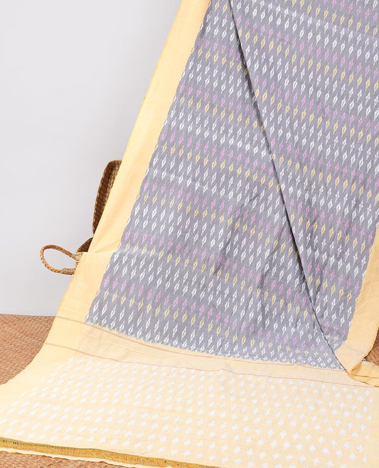 Grey geometric design ikkat cotton saree with contrast border & intricate design pallu