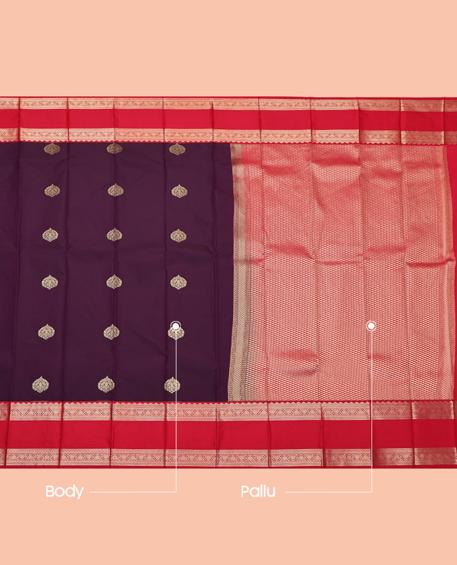 Wine Budget Silk Saree, Spotlighted with Zari Buttas, Contrast Traditional Zari Design Rettai Pettu Border, Grand Jaal Pallu, and a Contrast Blouse
