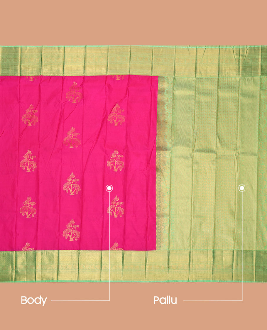 Rani Pink Budget Silk Saree, Delicately Woven with Tree Zari Buttas, Complemented by a Contrast Traditional Border, Grand Pallu, and a Contrast Blouse