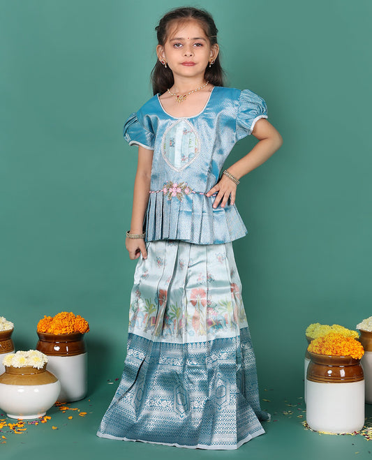 Blue readymade art silk pavadai, printed & contrast traditional border skirt, & jacquard puff-sleeve round-neck blouse