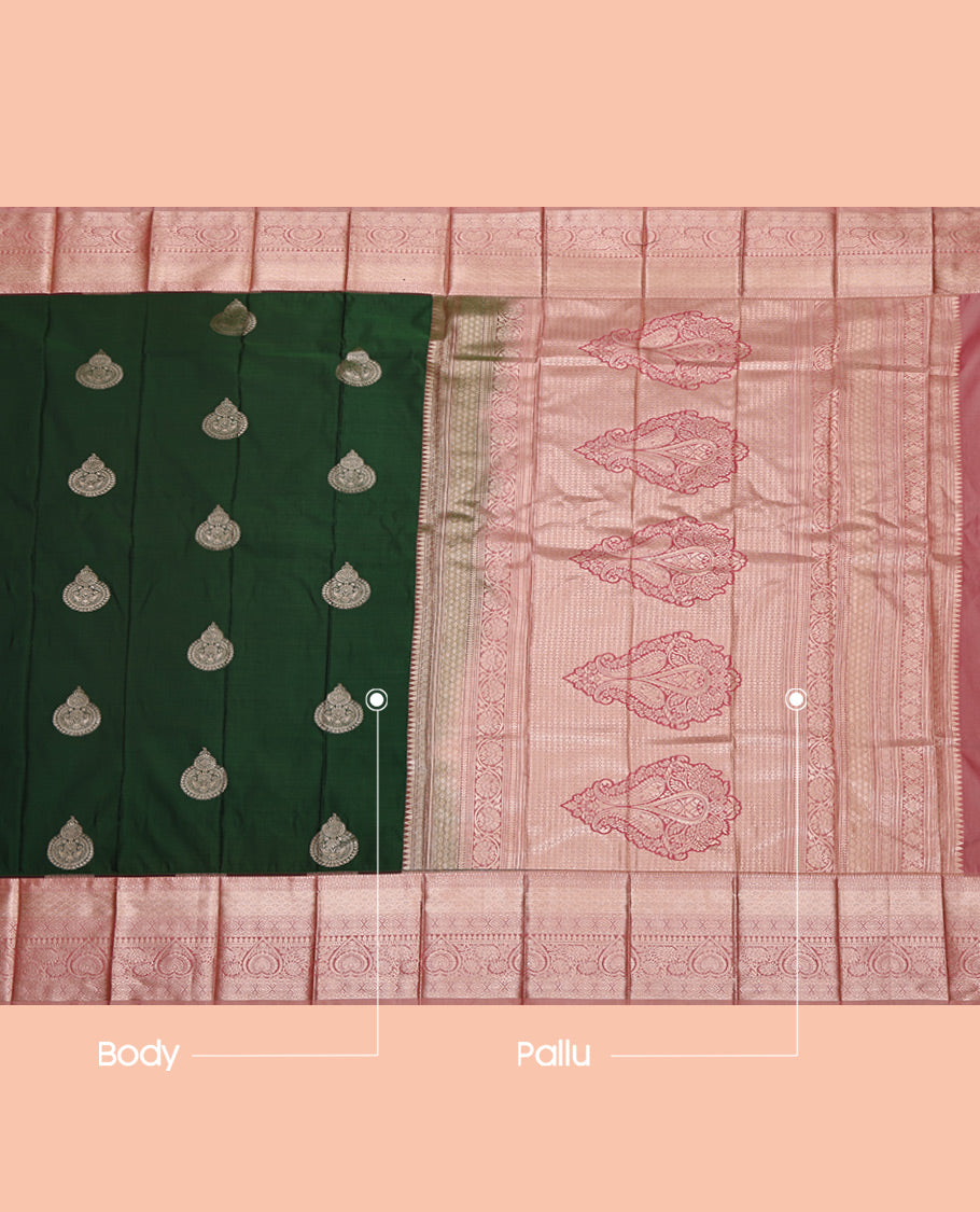 Green Budget Silk Saree, Woven with Zari Buttas All Over Its Body, Complemented by a Contrast Traditional Zari Design Border, Intricate Pallu, and Paired with a Contrast Blouse