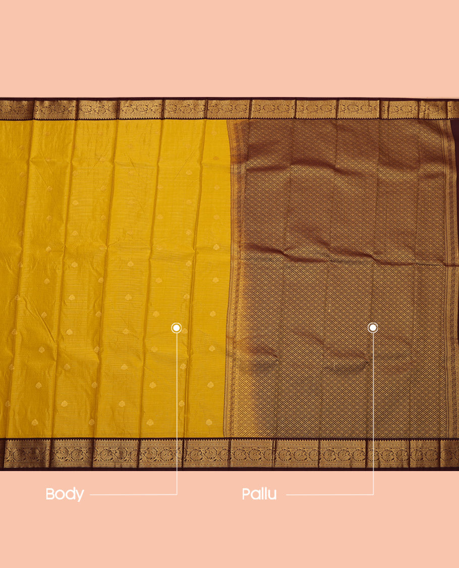 Yellow Budget Silk Saree, Sparsely Woven with Zari Buttas, Complemented by Contrast Traditional Border, Jaal Pallu and a Contrast Blouse