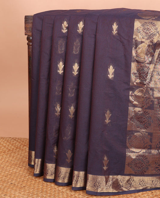 Brown buttas Combatiore cotton saree, zari border & pallu of floral & paisley designs