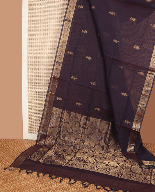 Brown buttas Combatiore cotton saree, zari border & pallu of floral & paisley designs