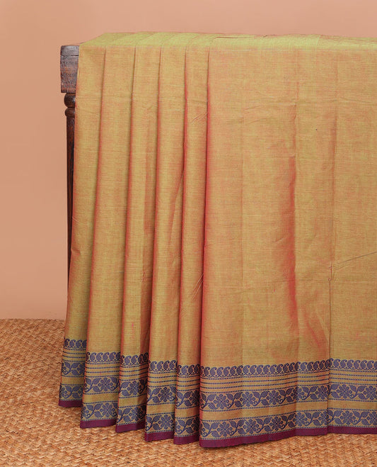 Green dual-tone plain Chettinad cotton saree, thread-woven border of paisleys & floral designs, & pallu of buttas & stripes