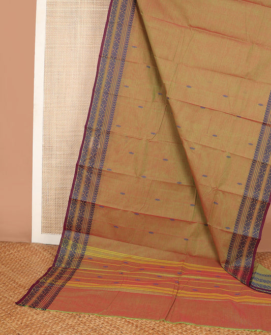 Green dual-tone plain Chettinad cotton saree, thread-woven border of paisleys & floral designs, & pallu of buttas & stripes