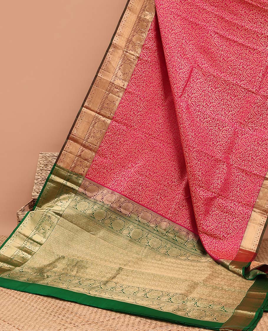 Red floral jacquard kancheepuram silk saree with contrast checked zari border & intricate floral zari design pallu