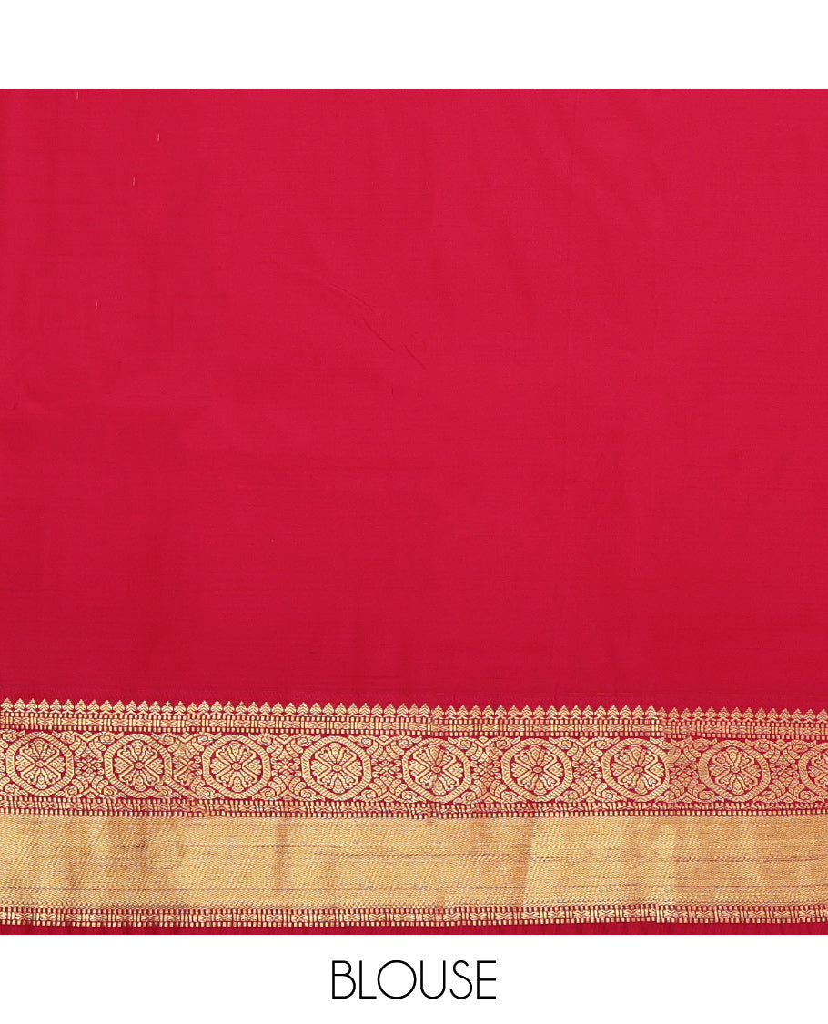Yellow Budget Silk Saree, Subtly Sparkled with Zari Buttas and Stripes on Its Body, Complemented by a Contrast Traditional Zari Design Border, Grand Geometric Patterned Pallu, and Paired with a Contrast Blouse