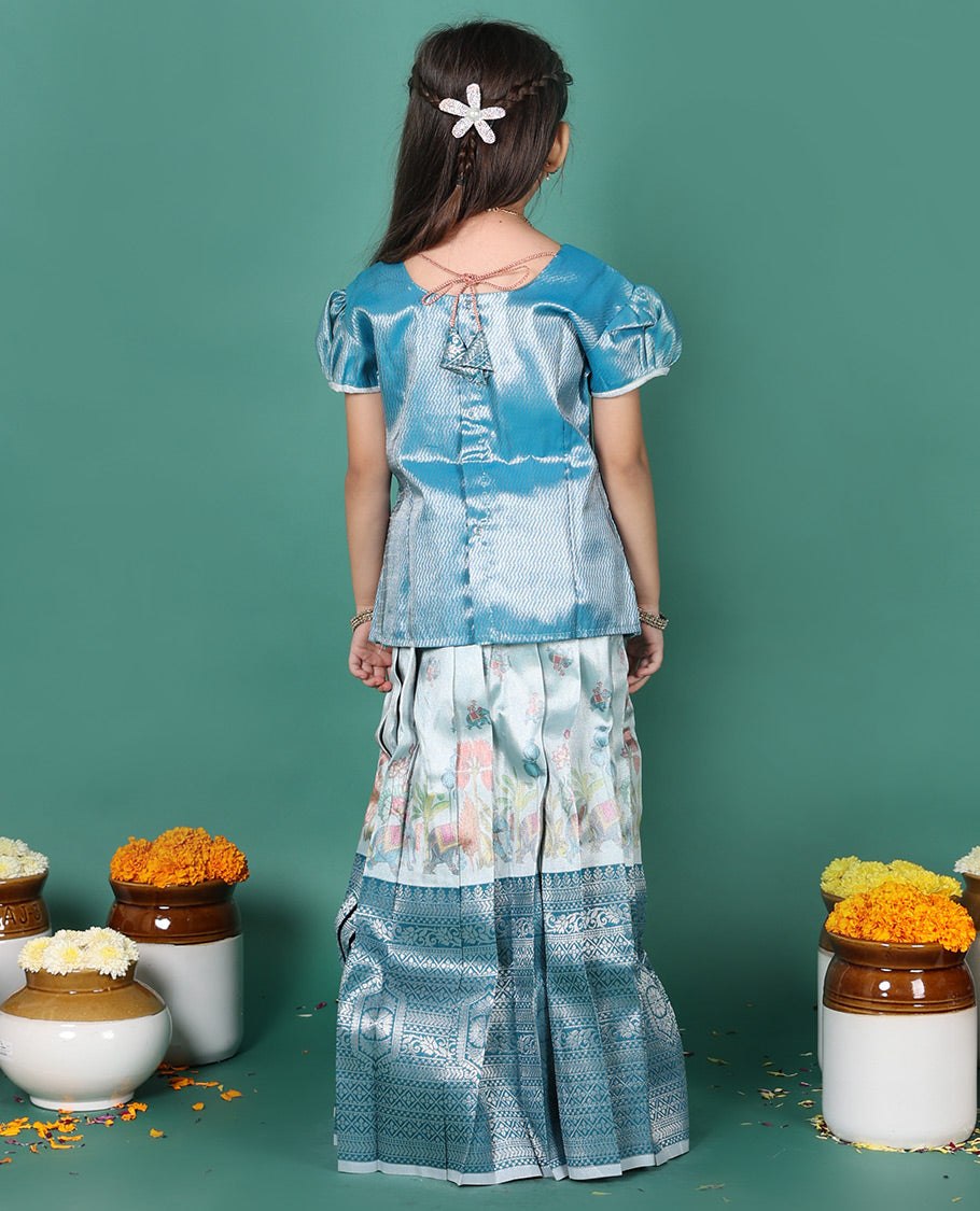 Blue readymade art silk pavadai, printed & contrast traditional border skirt, & jacquard puff-sleeve round-neck blouse