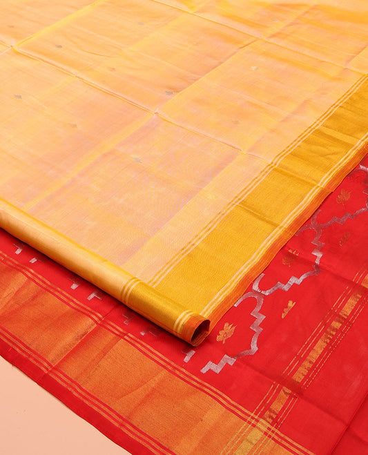 Yellow Uppada Silk Saree, Subtly Sparkled with Buttas All Over Its Body, Complemented by a Contrast Border, Pallu of Butta Enclosed Jaal Designs, and Paired with a Contrast Blouse