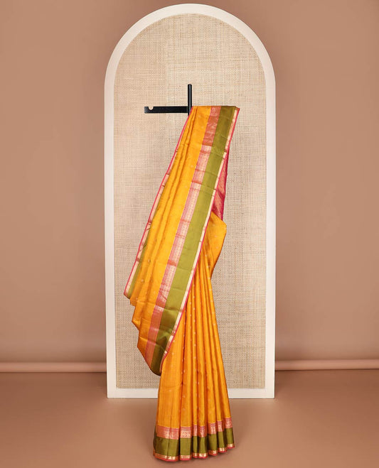 Yellow stripes & zari buttas silk saree, contrast jaal pallu & rettai pettu border of banaras,neli,chakram & kattari designs