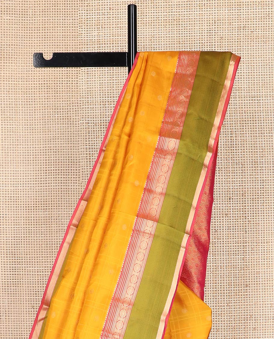 Yellow stripes & zari buttas silk saree, contrast jaal pallu & rettai pettu border of banaras,neli,chakram & kattari designs