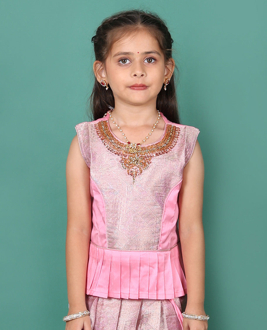 Pink readymade art silk pavadai, jacquard & contrast traditional border skirt, & jacquard embroidery sleeveless round-neck blouse