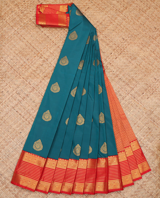 Blue Budget Silk Saree, Decorated with Zari Buttas, a Contrast Traditional Zari Border, Grand Pallu, and a Contrast Blouse