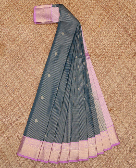 Blue Budget Silk Saree, Bedecked with Zari Buttas and Checks, a Contrast Traditional Zari Border, Grand Pallu, and a Contrast Blouse