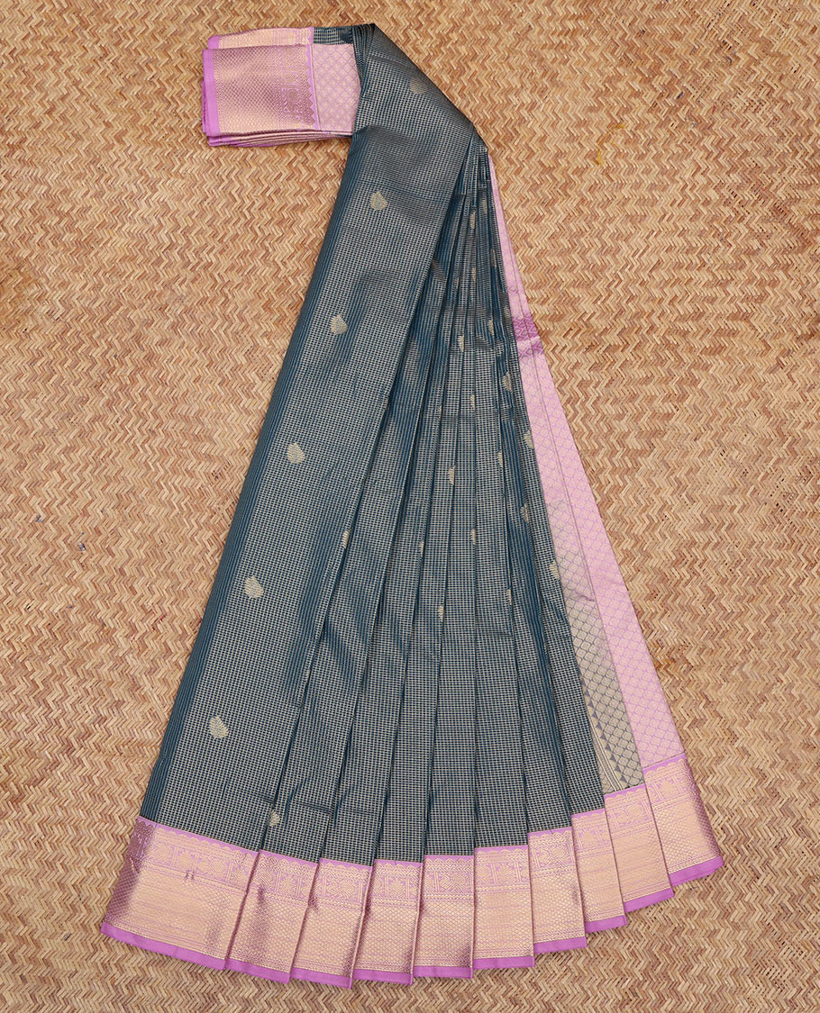 Blue Budget Silk Saree, Bedecked with Zari Buttas and Checks, a Contrast Traditional Zari Border, Grand Pallu, and a Contrast Blouse