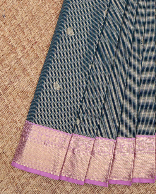 Blue Budget Silk Saree, Bedecked with Zari Buttas and Checks, a Contrast Traditional Zari Border, Grand Pallu, and a Contrast Blouse