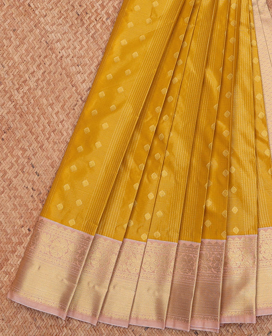 Mustard Budget Silk Saree, Richly Detailed with Zari Buttas and Checks, Complemented by a Contrast Traditional Zari Border, Zari Pallu, and a Contrast Blouse