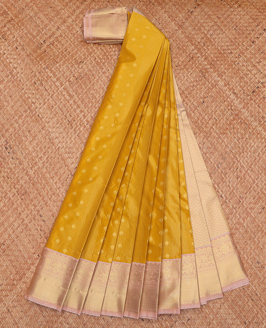 Mustard Budget Silk Saree, Richly Detailed with Zari Buttas and Checks, Complemented by a Contrast Traditional Zari Border, Zari Pallu, and a Contrast Blouse