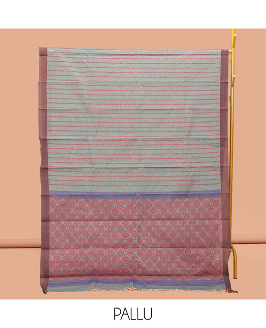 Grey Kanchi Cotton Saree, Graced with Stripes, Complemented by a Contrast Border, Intricate Pallu, and a Matching Blouse