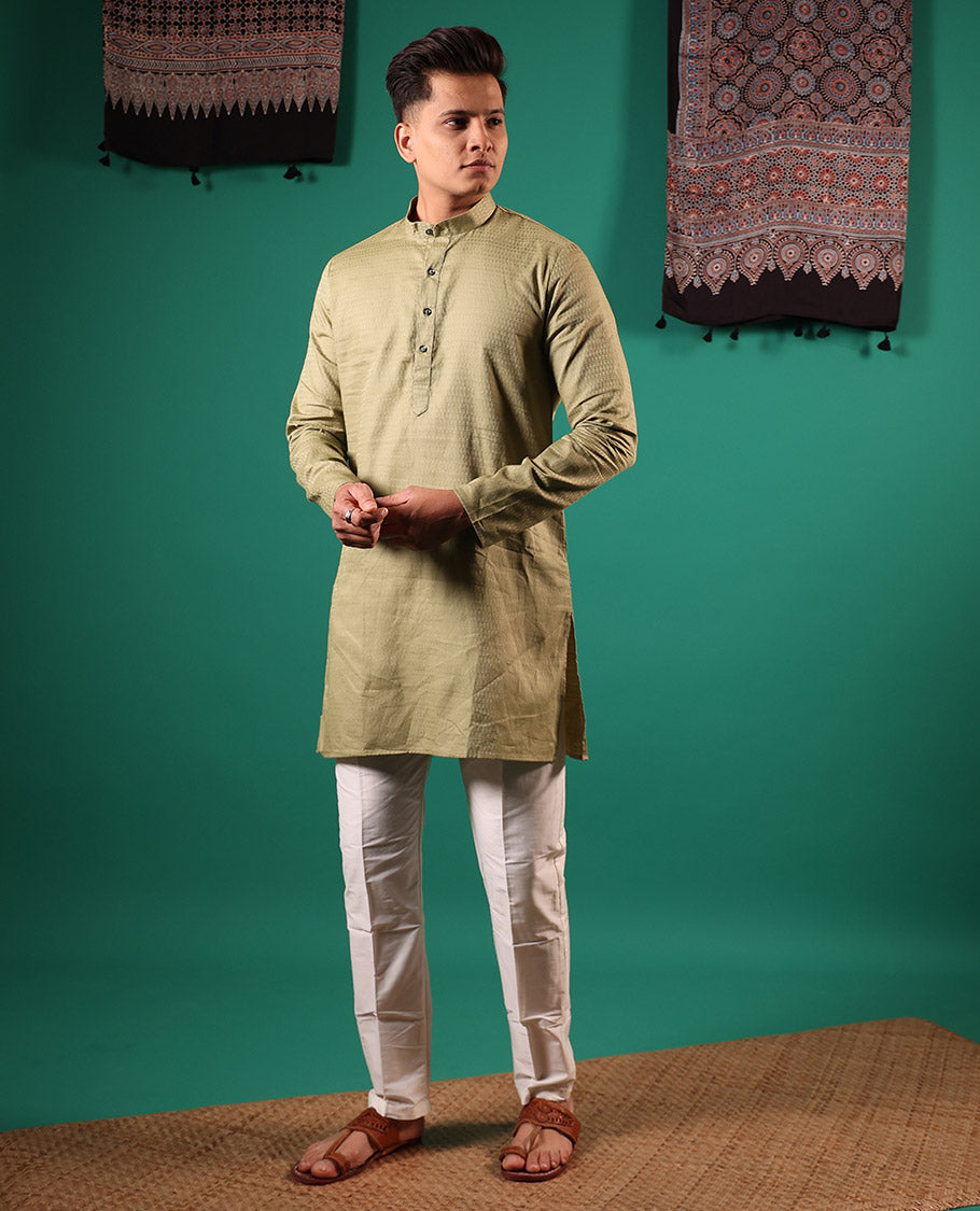 Green texture embossed full-sleeved men's kurta
