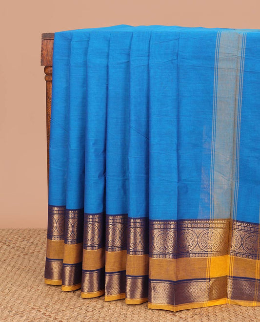 Blue chettinad cotton saree with contrast traditional zari design border & striped pallu