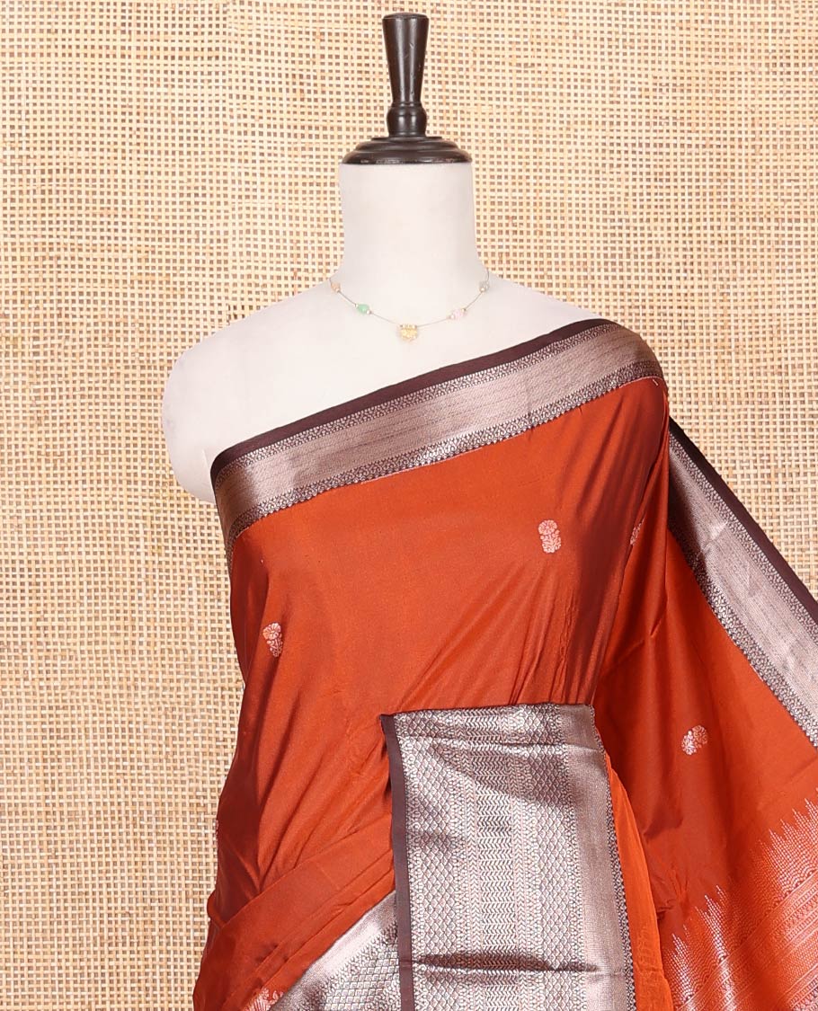 Rust Budget Silk Saree, Featuring Zari Buttas on Its Body, Complemented by a Contrast Traditional Zari Design Border, Intricately Designed Pallu, and Paired with a Contrast Blouse