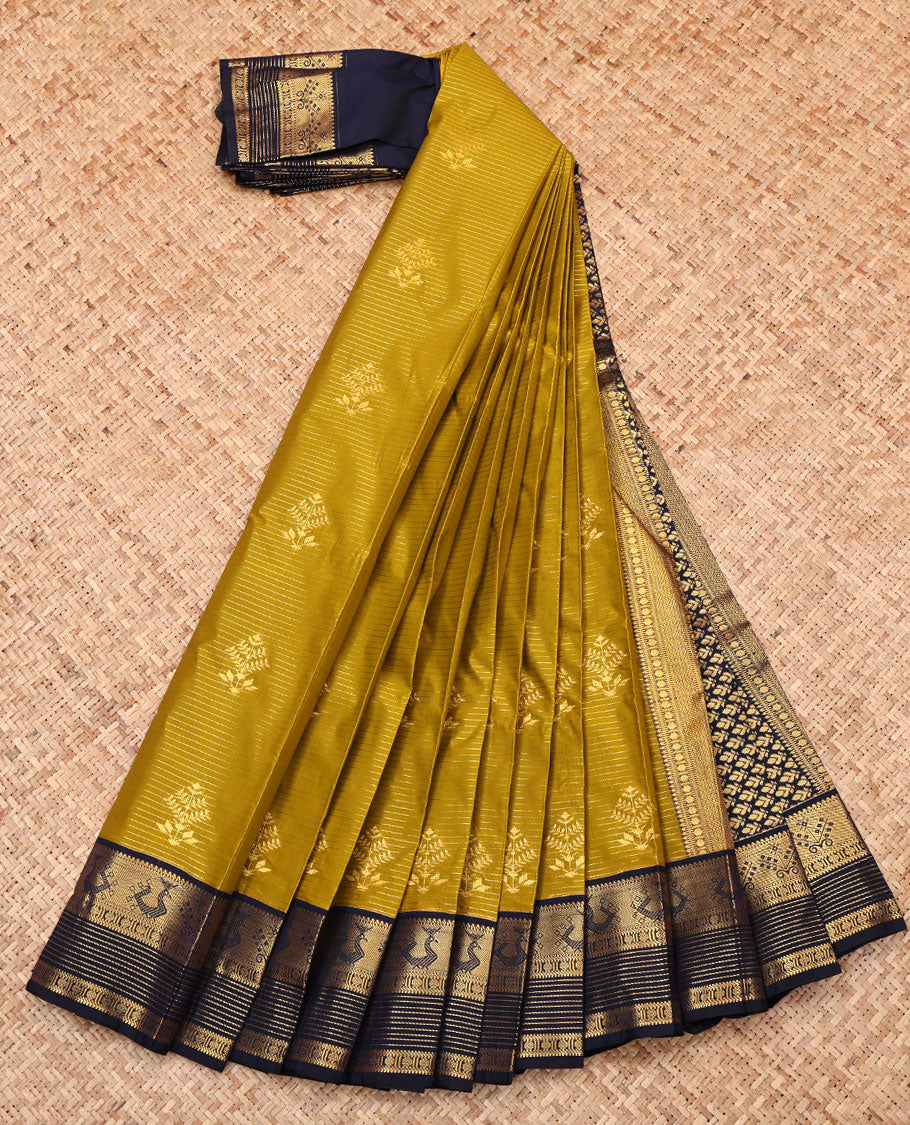 Green Budget Silk Saree, Elegantly Highlighted with Zari Buttas and Stripes, Complemented by a Contrast Traditional Zari Border, Intricate Pallu, and Contrast Blouse