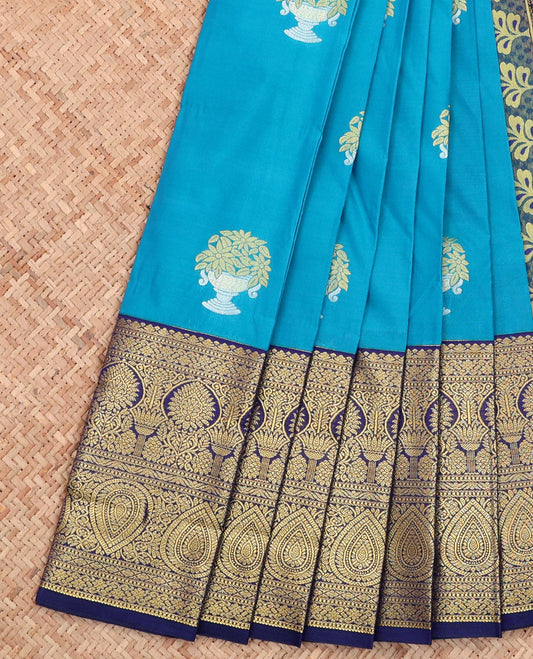Blue Budget Silk Saree, Gleamed Up with Buttas All Over Its Body, Complemented by a Contrast Traditional Zari Design Border, Grand Pallu, and Paired with a Contrast Blouse