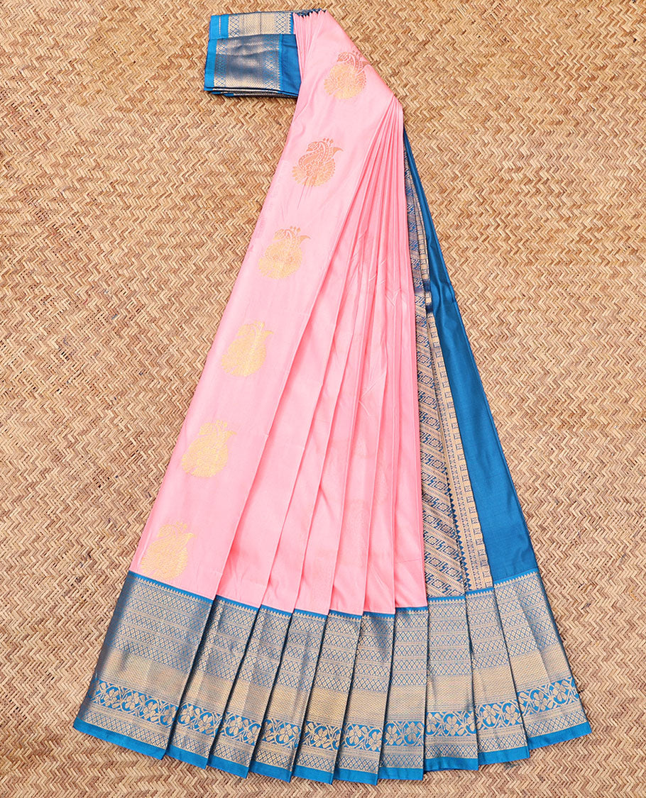 Pink Budget Silk Saree, Bedecked with Zari Buttas, Complemented by Contrast Traditional Zari Border, an Intricate Pallu and a Contrast Blouse