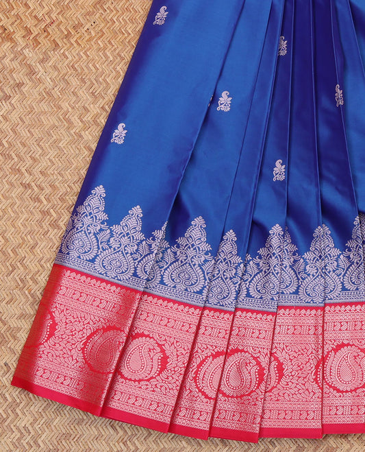 Blue Budget Silk Saree, Bedecked with Zari Buttas on Its Body, Complemented by a Contrast Traditional Zari Design Border of Paisleys, Intricate Pallu, and Paired with a Contrast Blouse