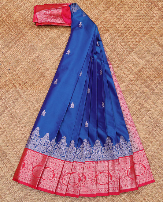 Blue Budget Silk Saree, Bedecked with Zari Buttas on Its Body, Complemented by a Contrast Traditional Zari Design Border of Paisleys, Intricate Pallu, and Paired with a Contrast Blouse