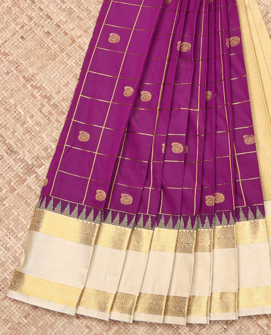 Purple Budget Silk Saree, Ornamented with Zari Butta Enclosed Checked Design on Its Body, Complemented by a Contrast Traditional Zari Design Rettai Pettu Border, Grand Pallu, and Paired with a Contrast Blouse
