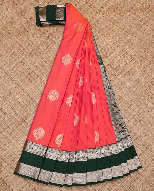 Pink Budget Silk Saree, Detailed with Zari Buttas All Over Its Body, Complemented by a Contrast Traditional Zari Design Rettai Pettu Border, Intricate Pallu, and Paired with a Contrast Blouse