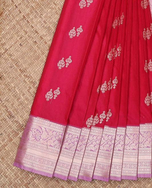 Pink Budget Silk Saree, Featuring Zari Buttas All Over Its Body, Complemented by a Contrast Traditional Zari Design Border, Intricately Designed Pallu, and Paired with a Contrast Blouse