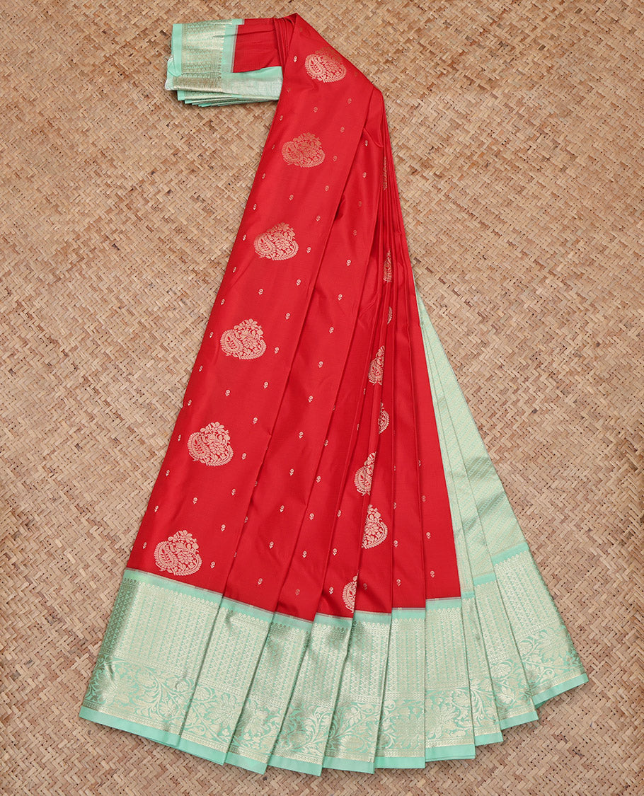 Red Budget Silk Saree, Ornamented with Zari Buttas, Contrast Traditional Zari Design Featured Border, Pallu of Jaal and Paisley Designs, and a Contrast Blouse