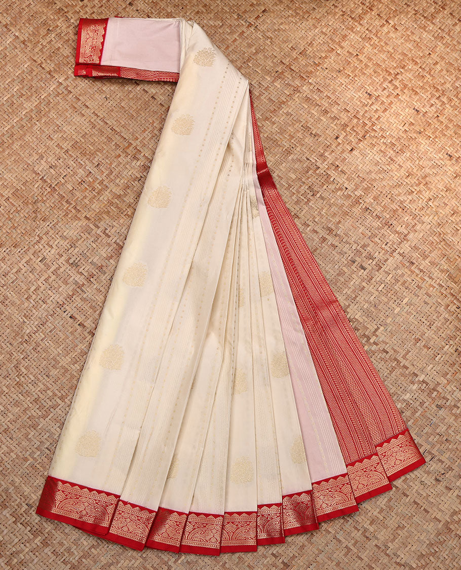 Cream Budget Silk Saree, Enriched with Zari Designs, Contrast Traditional Zari Design Border, Grand Geometric Patterned Pallu, and a Contrast Blouse