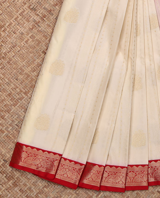 Cream Budget Silk Saree, Enriched with Zari Designs, Contrast Traditional Zari Design Border, Grand Geometric Patterned Pallu, and a Contrast Blouse
