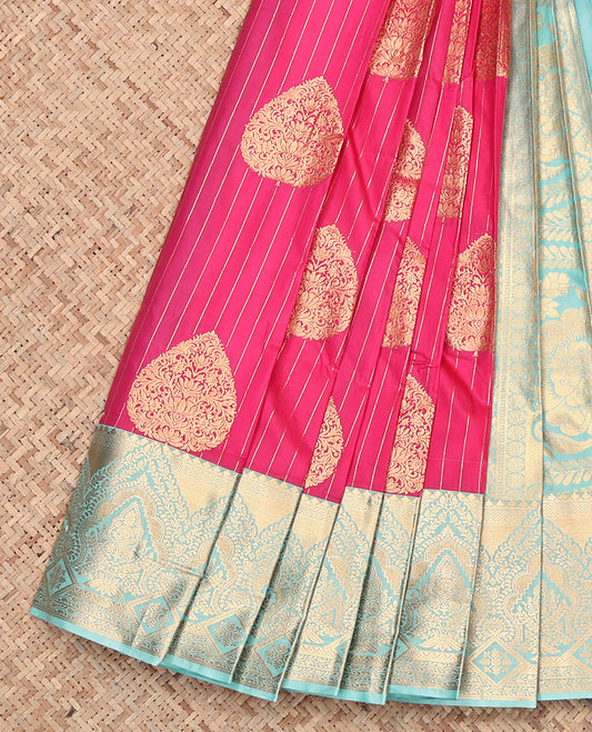 Pink Budget Silk Saree, Adorned with Zari Buttas and Stripes, Contrast Traditional Zari Border, Grand Pallu, and a Contrast Blouse