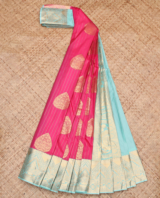 Pink Budget Silk Saree, Adorned with Zari Buttas and Stripes, Contrast Traditional Zari Border, Grand Pallu, and a Contrast Blouse