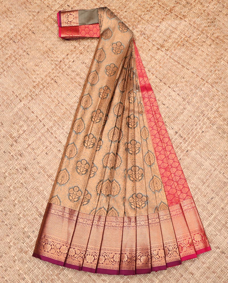 Grey Budget Silk Saree, Bedecked with Jacquard Design, Complemented by a Contrast Traditional Zari Border, Grand Pallu, and a Contrast Blouse