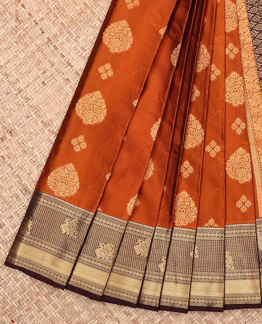 Orange Budget Silk Saree, Adorned with Zari Buttas, Complemented by a Contrast Traditional Zari Border, Jaal Pallu, and a Contrast Blouse