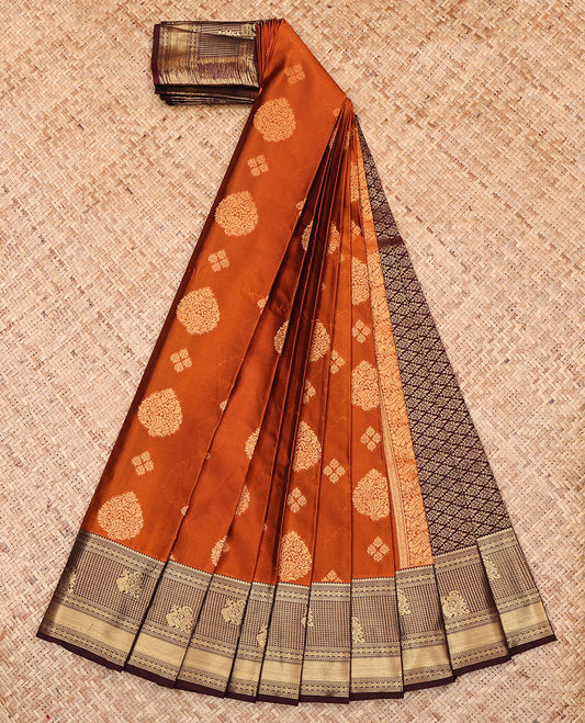 Orange Budget Silk Saree, Adorned with Zari Buttas, Complemented by a Contrast Traditional Zari Border, Jaal Pallu, and a Contrast Blouse