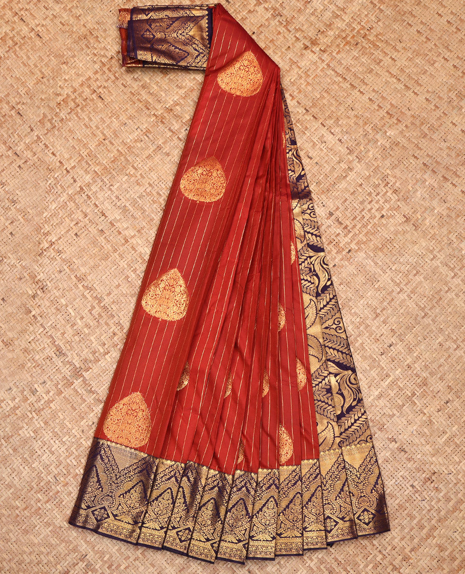 Rust Budget Silk Saree, Embellished with Zari Buttas and Stripes, Complemented by a Contrast Traditional Border, Grand Pallu, and a Contrast Blouse