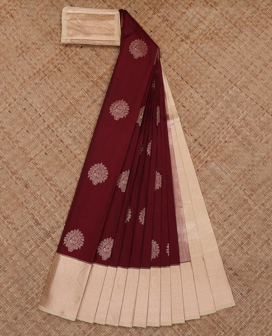 Maroon Budget Silk Saree, Detailed with Zari Buttas, Complemented by a Contrast Traditional Zari Border, Grand Pallu, and a Contrast Blouse