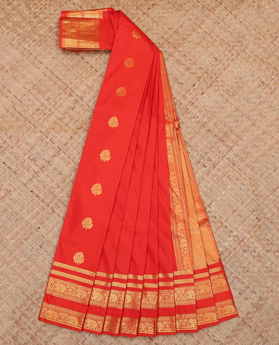 Red Budget Silk Saree, Elevated with Zari Buttas, a Rettai Pettu Zari Traditional Border, a Jaal Pallu and a Matching Blouse