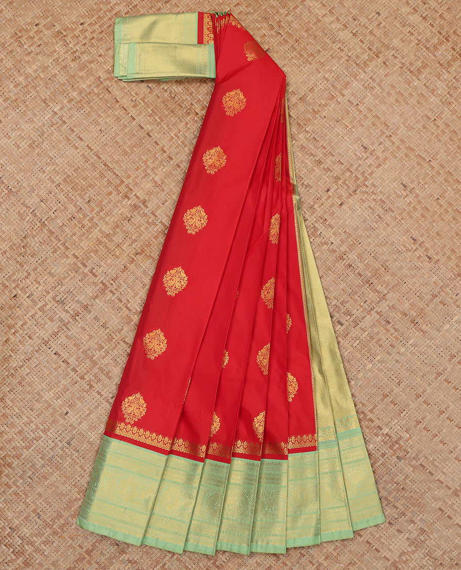 Red Budget Silk Saree, Embellished with Zari Buttas, Complemented by Contrast Traditional Zari Border, a Grand Pallu and a Contrast Blouse